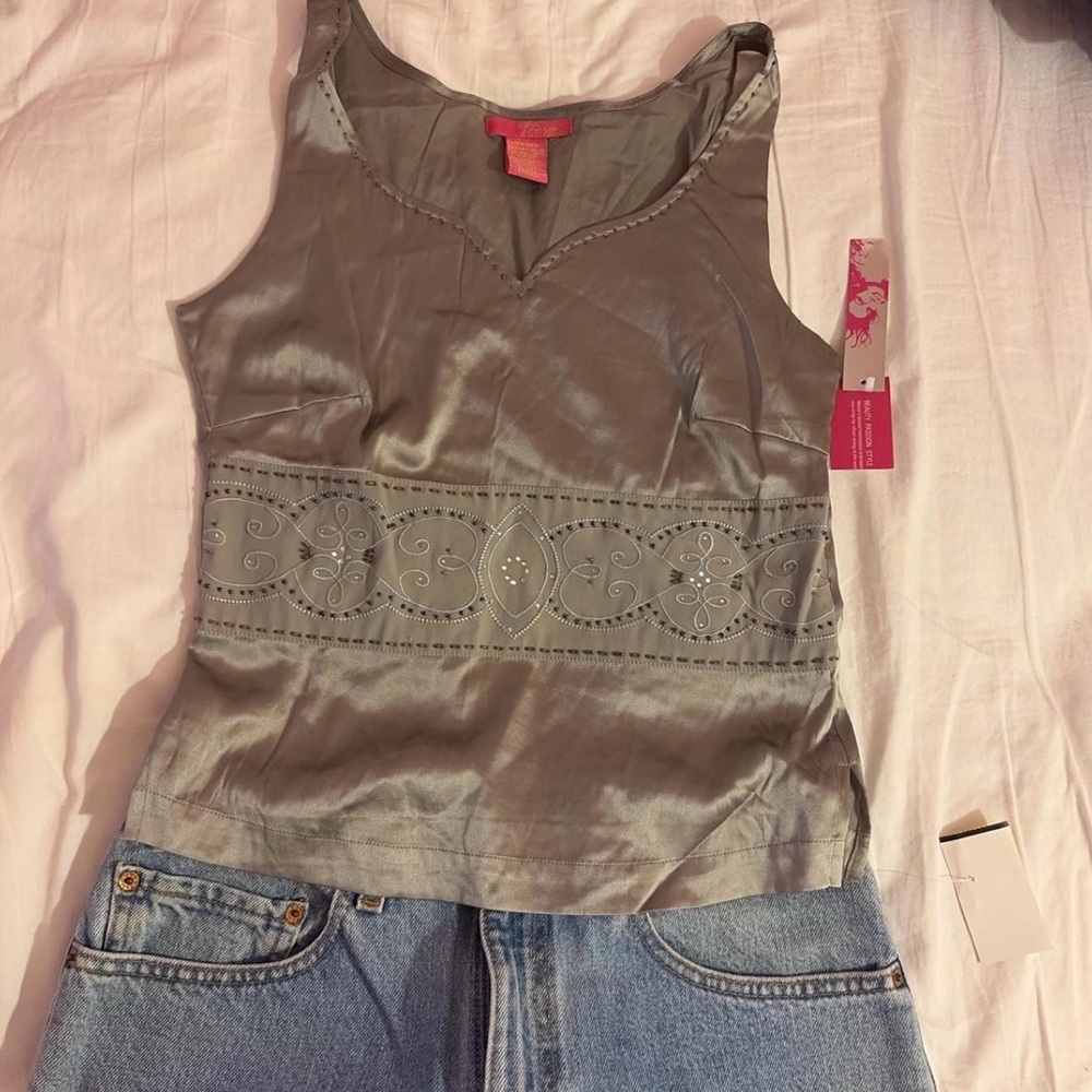 Y2K SILVER SILK BLEND BEADED TANK TOP NWT